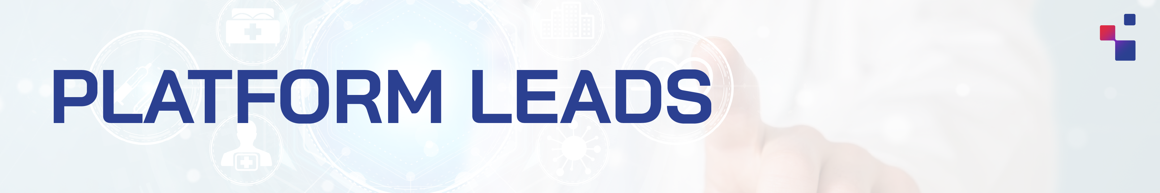 Bold dark blue text reading PLATFORM LEADS on a light blue background with faint tech icons and a hand.